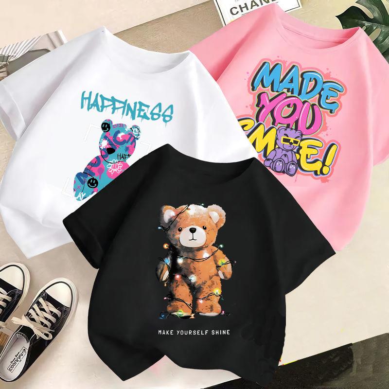 Summer Clothes for Boys and Girls, Short Sleeved T-shirts, Summer New Styles, Teddy Bear Printed Girls' Tops, Children's Clothing Trend