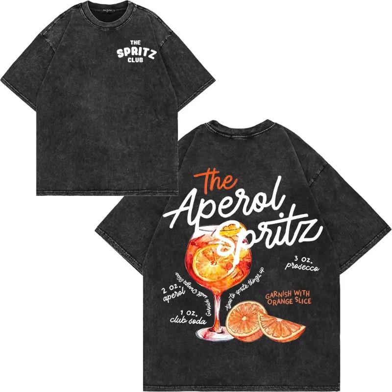 100% Cotton Vintage Washed Aperol Spritz Club T Shirt Fashion Men/Women Aesthetic Graphic Lemon Cool Loose Acid Wash Tees Shirts