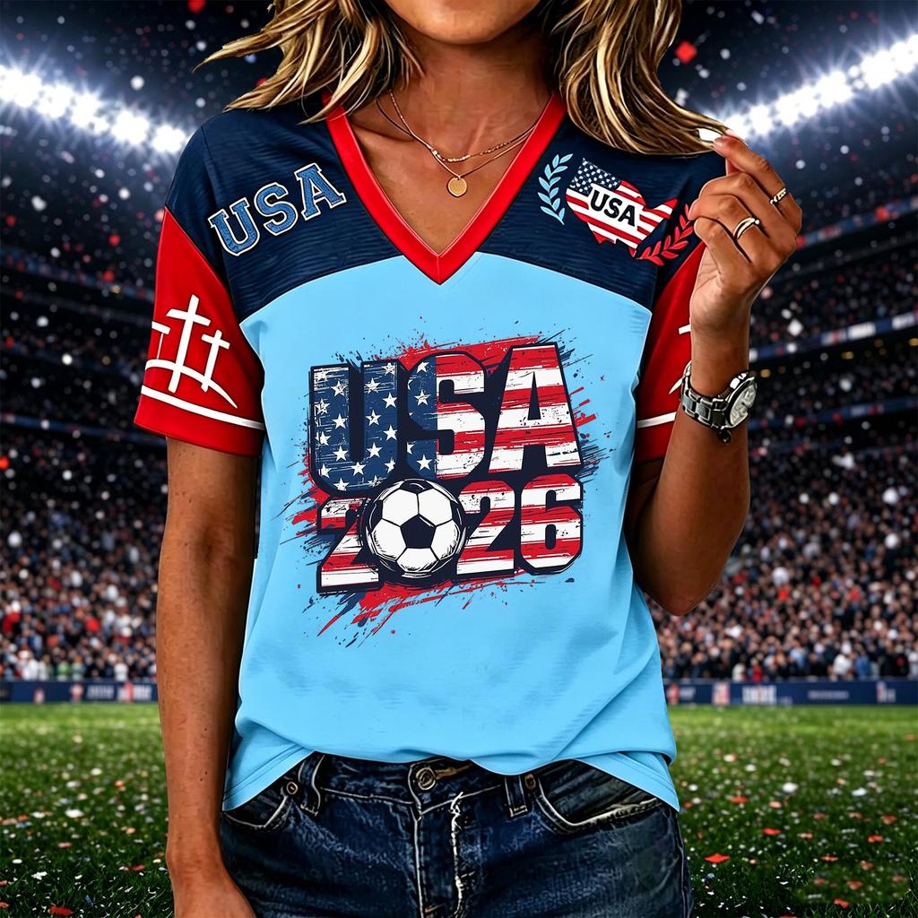 Women’s Casual Short Sleeve V Neck Pullover Top with USA 2026 Soccer Graphic Print Comfortable Loose Fit T Shirt for Daily Wear