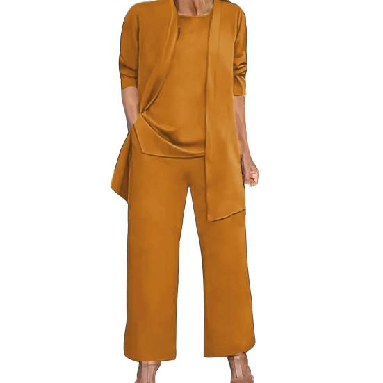 3 Szt./Zestaw Damski Płaszcz Kamizelka Spodnie Zestaw Długi Rękaw Kardigan Okrągły Dekolt