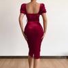 Belt Waist Tight Hip Wrap Skinny Elegant Dress Square Collar Puff Short Sleeve Bodycon Gown Dress Female Clothing