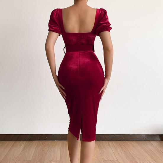 Belt Waist Tight Hip Wrap Skinny Elegant Dress Square Collar Puff Short Sleeve Bodycon Gown Dress Female Clothing