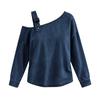 Denim Off-the-Shoulder Long Sleeve Oversized Casual Loose Tops Women Spring Autumn T-shirt