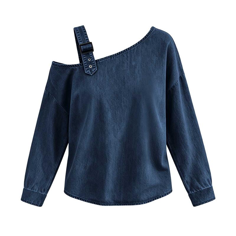Denim Off-the-Shoulder Long Sleeve Oversized Casual Loose Tops Women Spring Autumn T-shirt