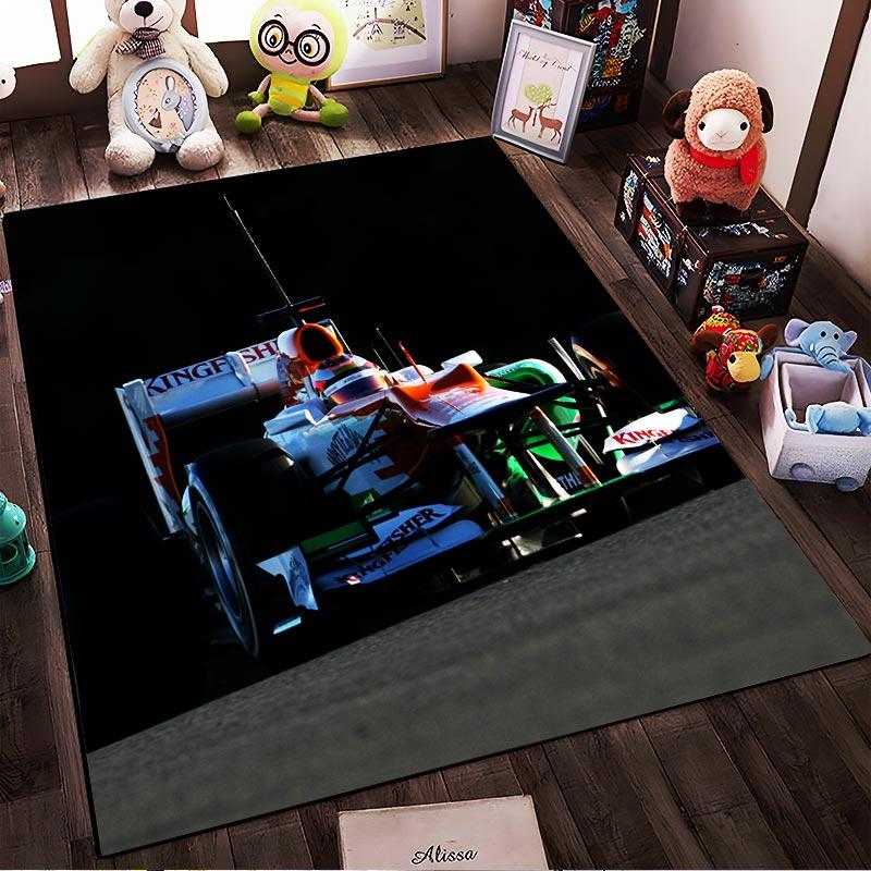 Racing Car Design Printed Carpet with Green1Orange1White Colors and Branding Details Suitable for use as an anti-slip1 for1room and bedroom sofas