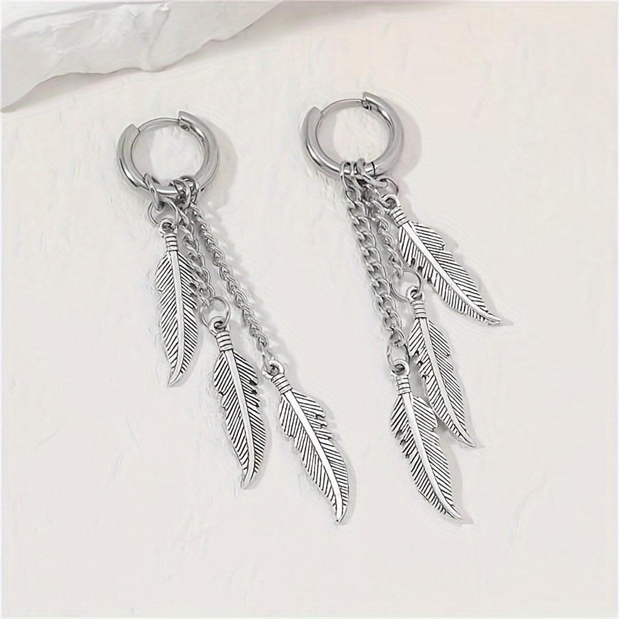 1pair Unisex Punk Hip Hop Stainless Steel Feather Chain Dangle Stud Earrings for Men Women Vintage Piercing Ear Jewelry