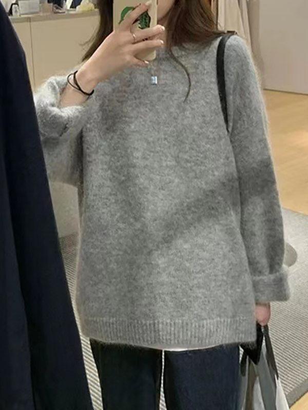 Autumn and Winter New Loose and Lazy Style Round Neck Pullover Sweater with Women's Solid Color Casual Simple Knitted Sweater Thick