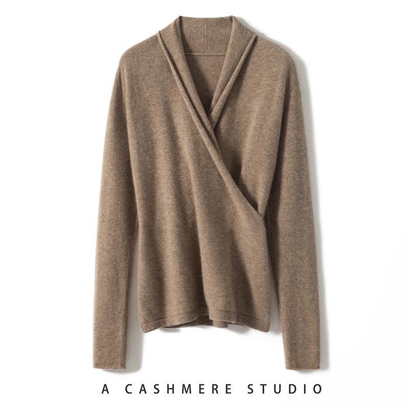 Elegant Slim-Fit Cross V-Neck Cashmere Knit Sweater - Women's Autumn Solid Color Pullover