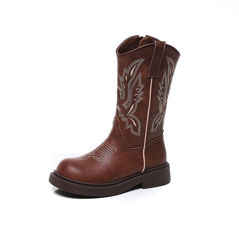 Children's Retro Brown Embroidered Chelsea Boots - Soft Sole Mid-Calf Denim Leather for Girls