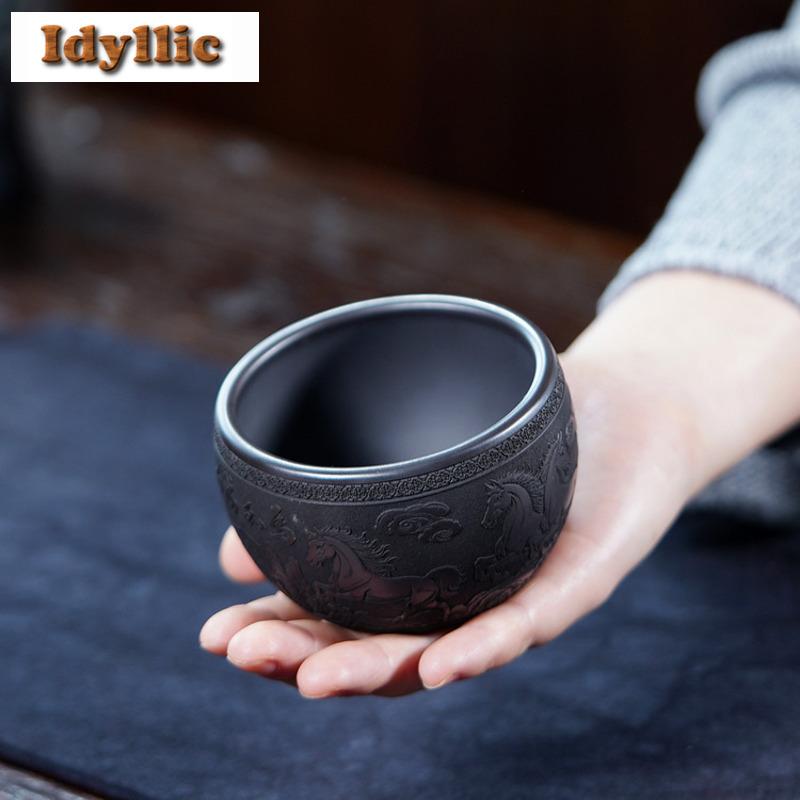 215ml Yixing Zisha Relief Horse Teacup Japanese Tea Bowl Cup For Tea Tea-tasting Fragrance Cup Chazhan Master Cups Drinkware