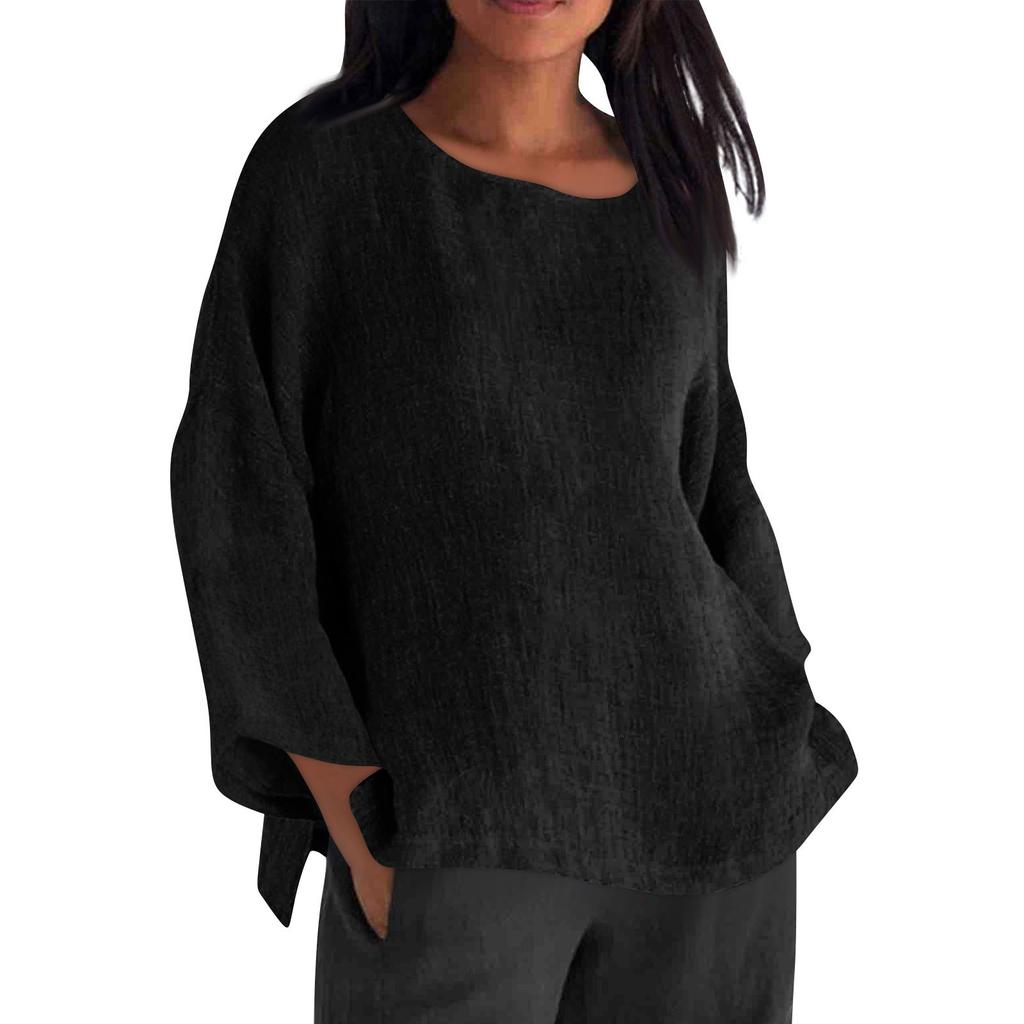 Long Sleeved Round Neck Solid Color Top Cotton and Linen Women’s Blouses & Shirts