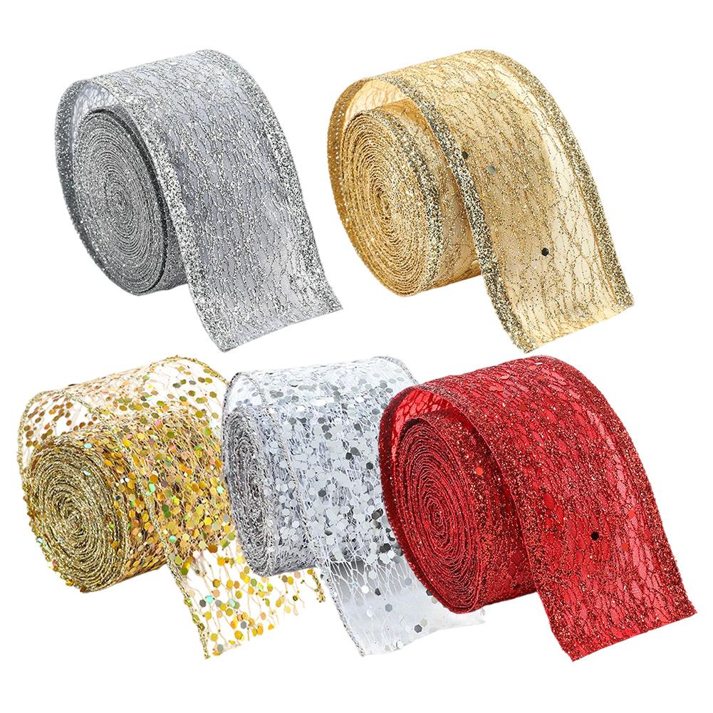 Decorative Mesh Ribbon Featuring Wired Edge Satin Organza and Sparkling Sequins for Holiday Crafts and Displays