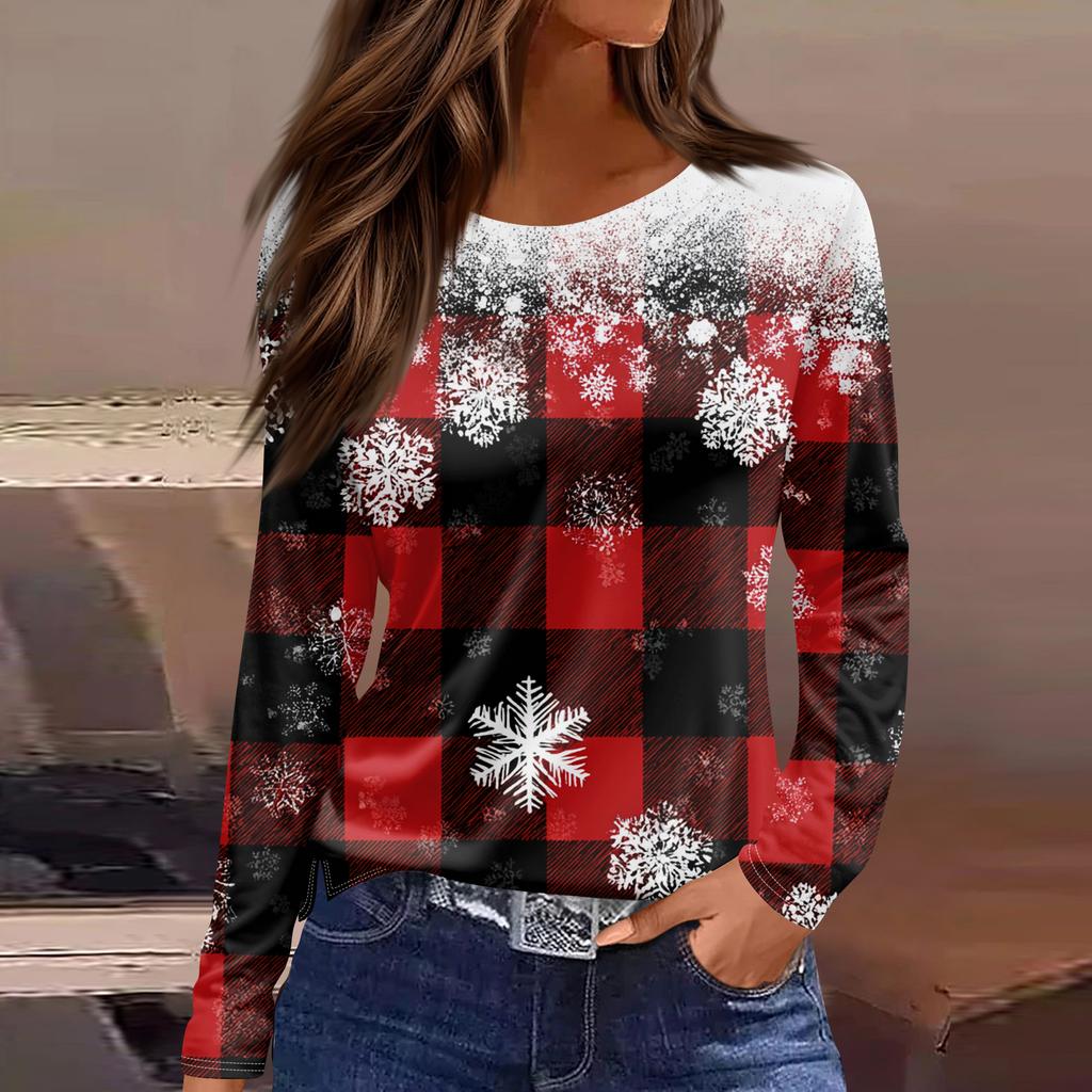 Women's Fashion Hem Slit Casual Christmas Printed Round Neck Long Sleeve Top