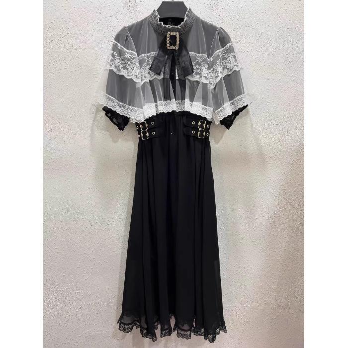Japanese Dress Short Sleeve Women's Cape Mesh Big Bow Lace Temperament Splicing Long Dress