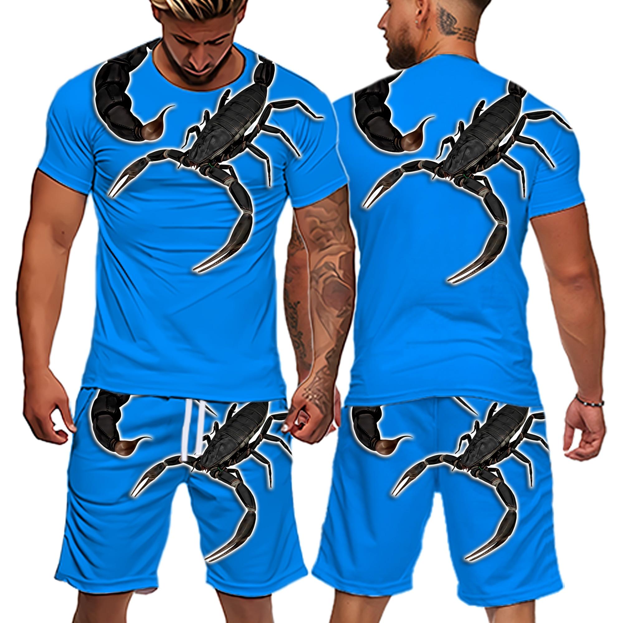 

Мужские комплекты «Скорпион», новая летняя футболка с короткими рукавами, костюм большого размера, модный уличный костюм из двух предметов с короткими рукавами, 3D печать XL