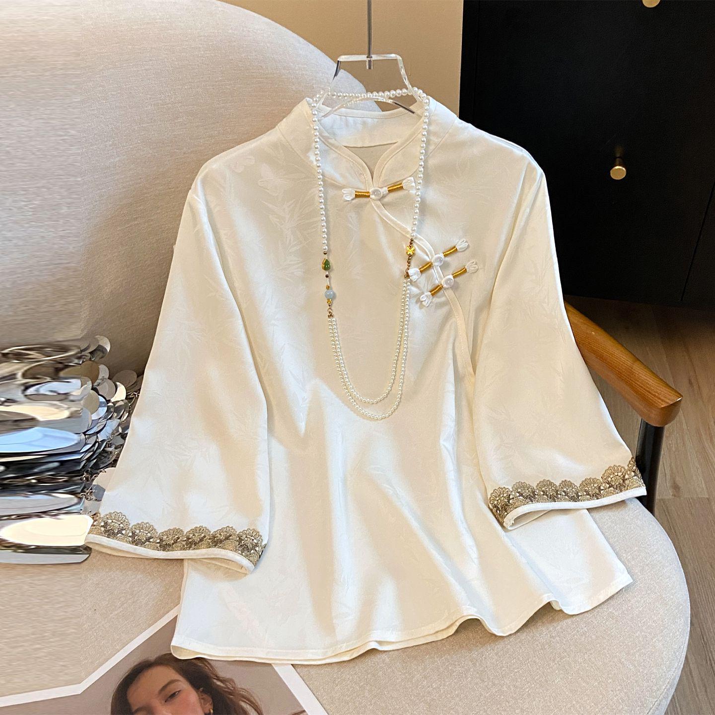 

Versatile Stylish Summer Base Layer: Asymmetrical Collar, Frog Buttons, Embroidered Short Top with Seven Sleeves for Women XL (45-57.5 kg) абрикосовий