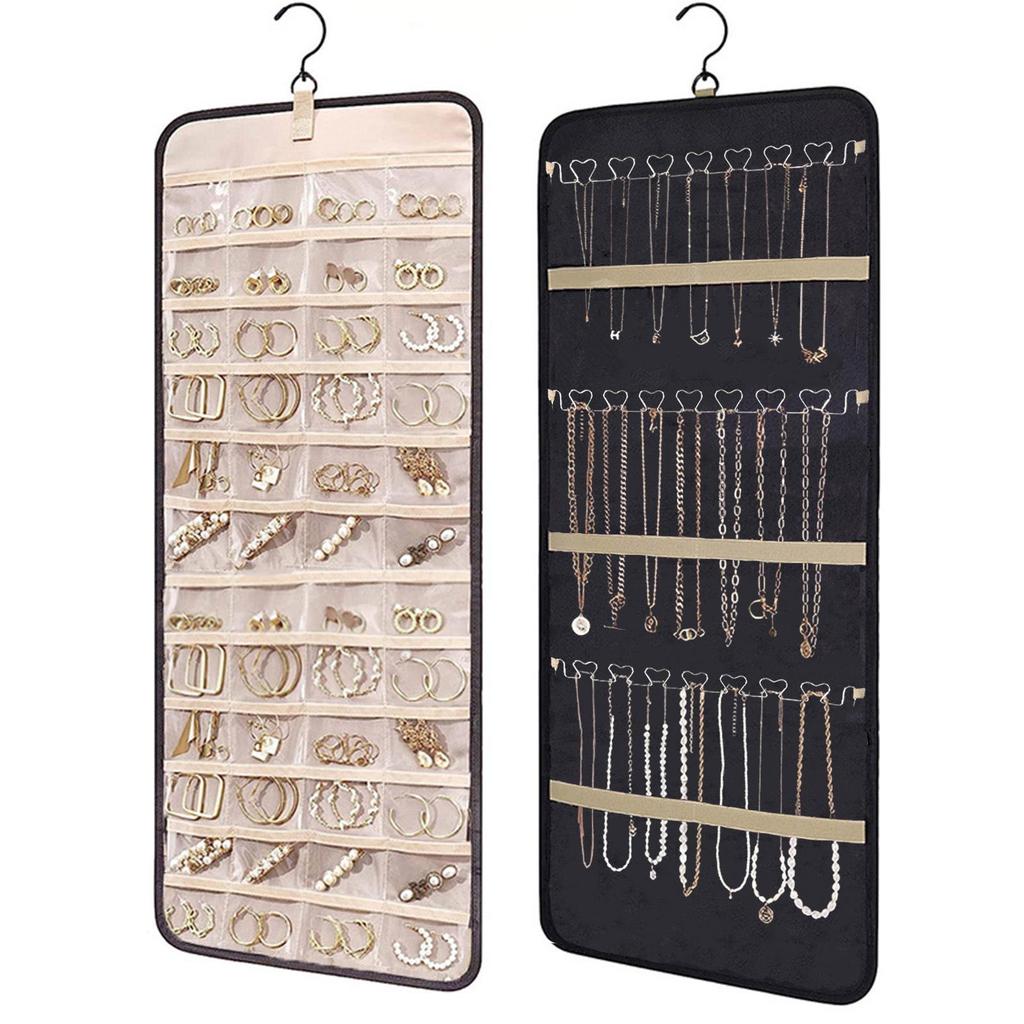 Double-Sided Multi-Grid Jewelry Hanging Storage Bag for Earrings and Accessories