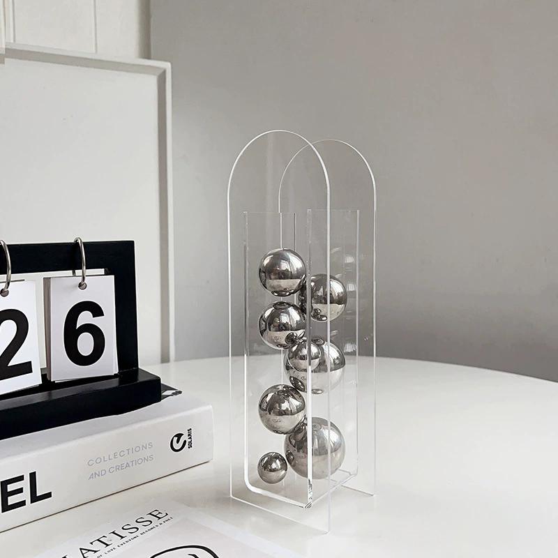 Abstract Art Metal Ball Square Transparent Box Acrylic Container Model Ornament Desk Decoration Ornaments Sphericity Crafts
