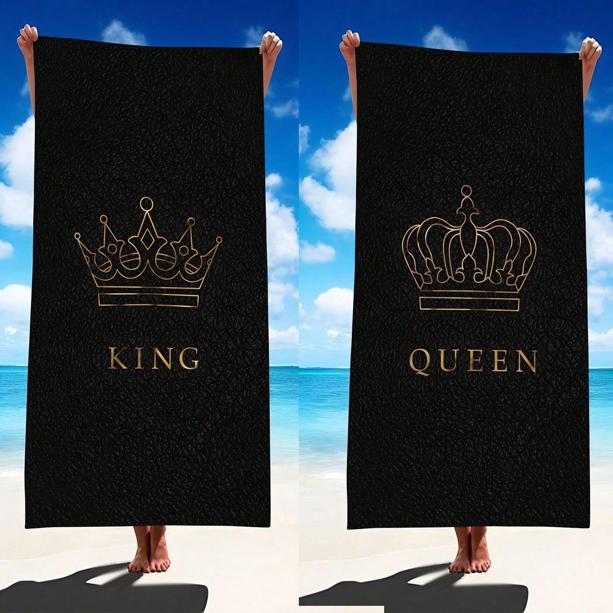 Ka Chen Muda White 1Pc King&Queen Crown Printed Beach Towels, Highly Absorbent And Quick Drying Towels, Beach Accessories