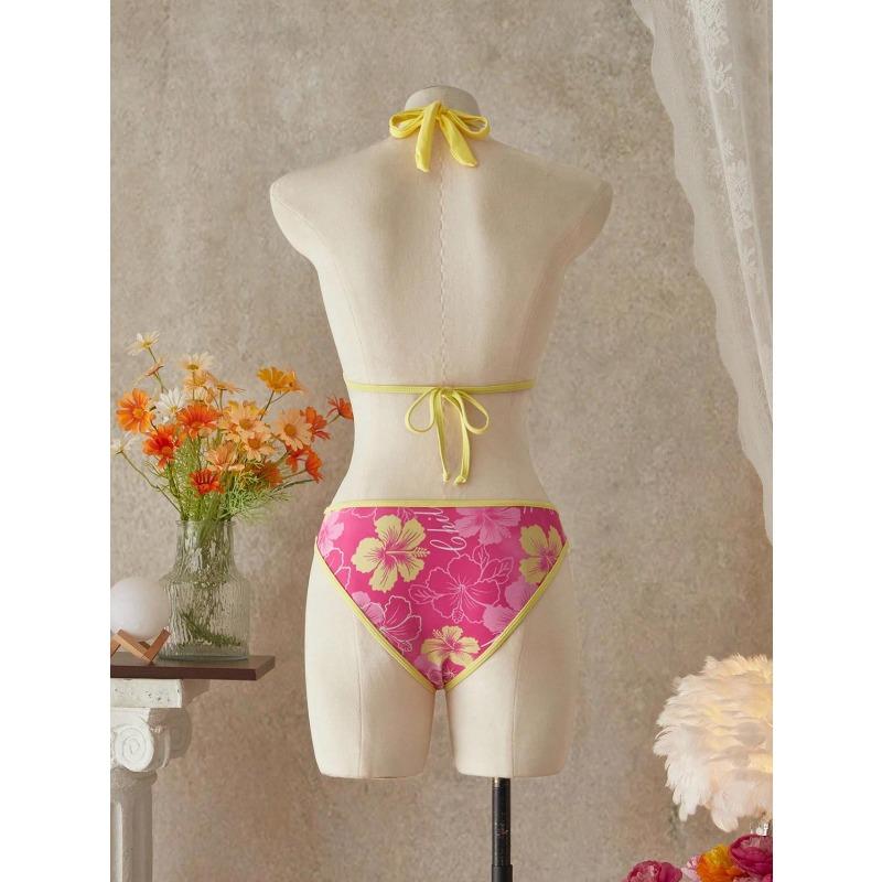 Elegant Floral Color Block Swimsuit Women Triangle Halter High-Waist Bikini Set Cover Up Skirt Micro Bikini Three-Piece