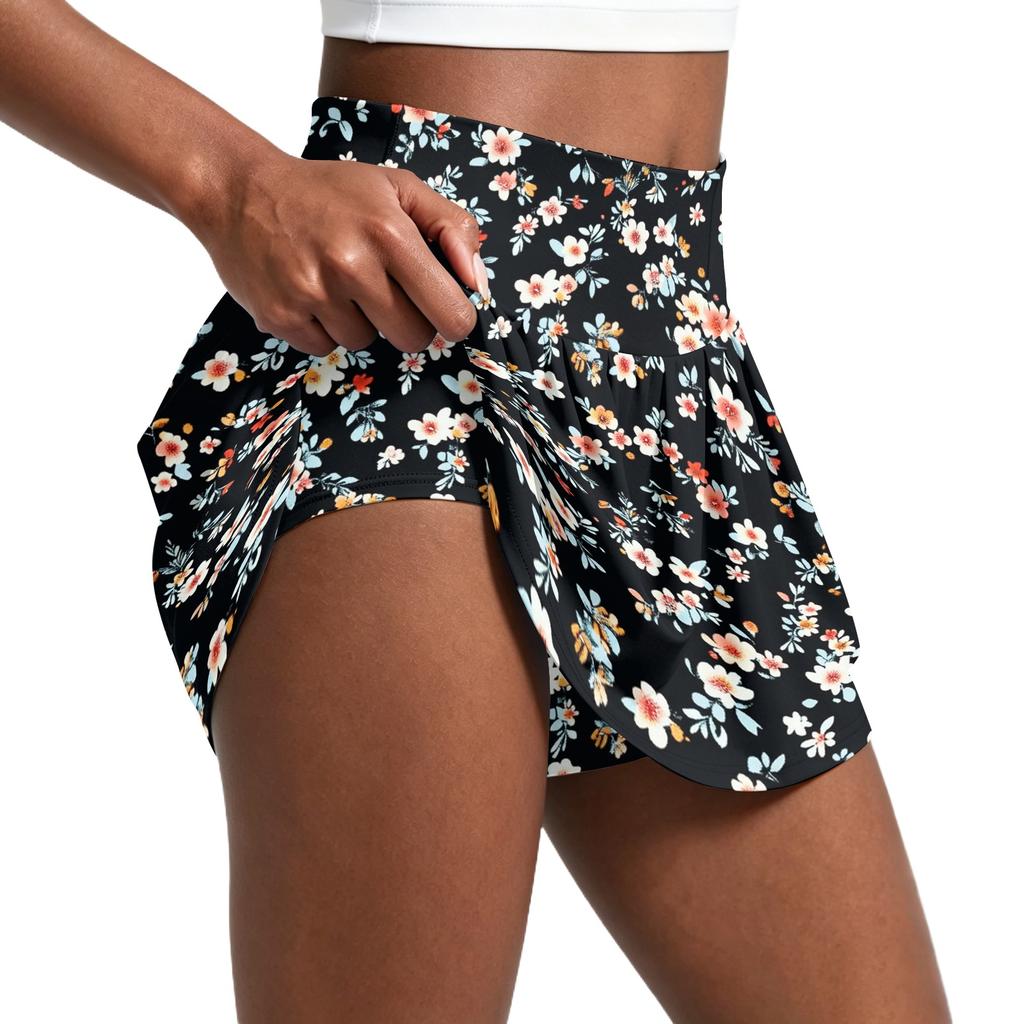 Damen Faltenrock mit Blumenmuster und integriertem Hosenrock Sportlicher Tennis-Skort zum Laufen, Yoga, Fitness, Freizeit