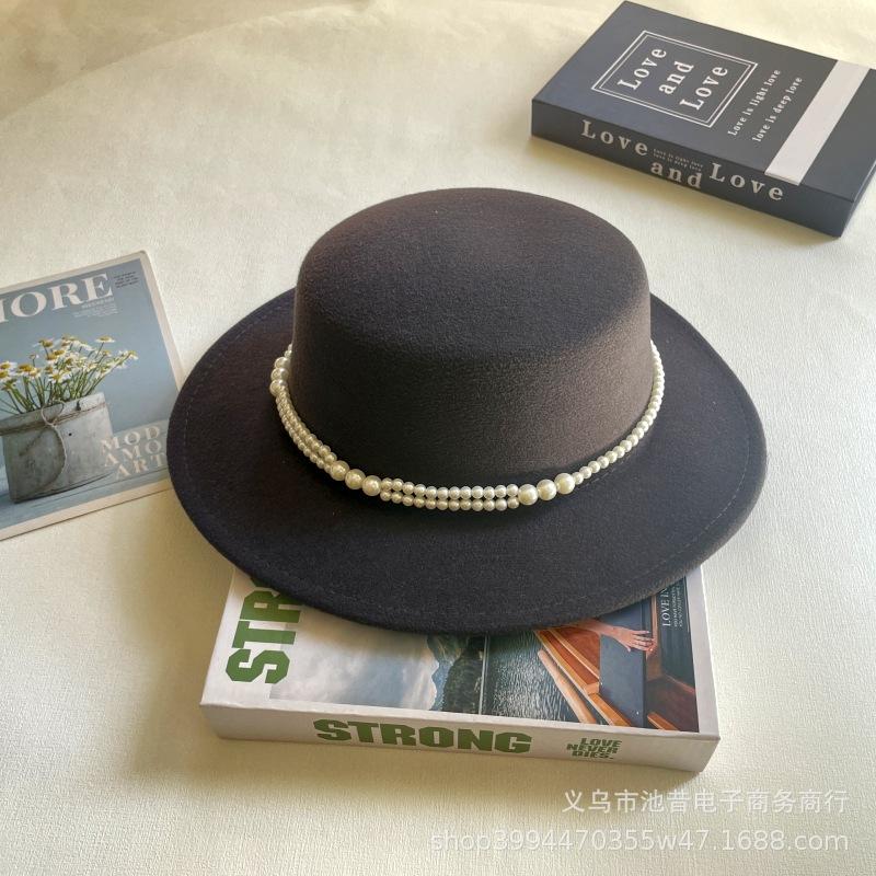 Pearl Chain Flat Top Top Hat Women's Autumn and Winter Warm Woolen Felt Hat Celebrity Retro British Small Fragrant Shopping Fashion Hat