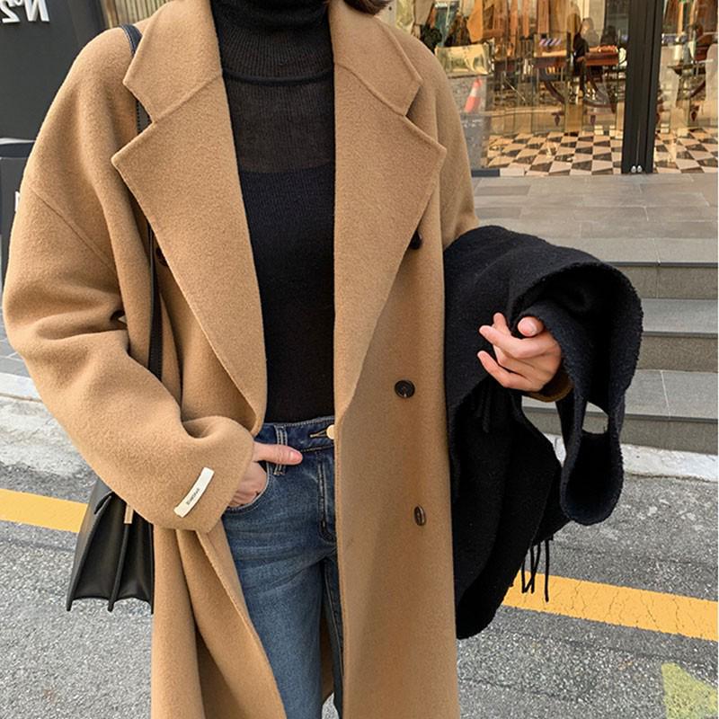 Women's Mid-Length Double-Breasted Wool Camel Coat - Autumn/Winter Korean Style Trend