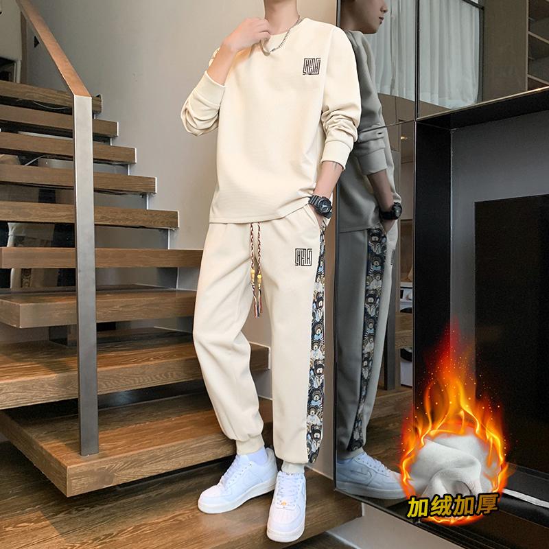 

Новый мужской костюм-свитшот большого размера на осень и зиму, мужской повседневный в новом китайском стиле, крутые и модные наряды для мальчиков M бежевый