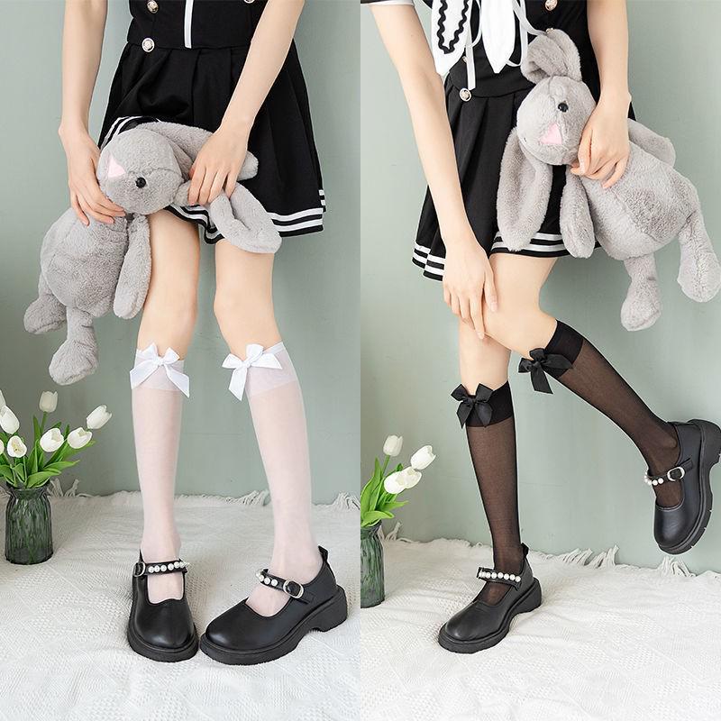 

JK Bow Thigh-High Silk Stockings - Slimming Calf, Trendy Japanese Lolita Knee-High Socks One Size белый