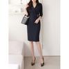 Style Latte H Line Tailored Collar Dress witH Gold Square Buckle