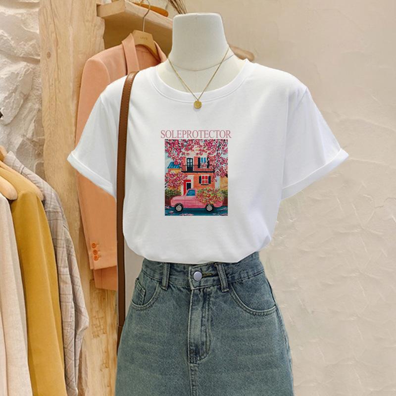 

Shoulder cotton short-sleeved t-shirt women s crew neck white top fashionable versatile and thin foreign style inner summer tide S