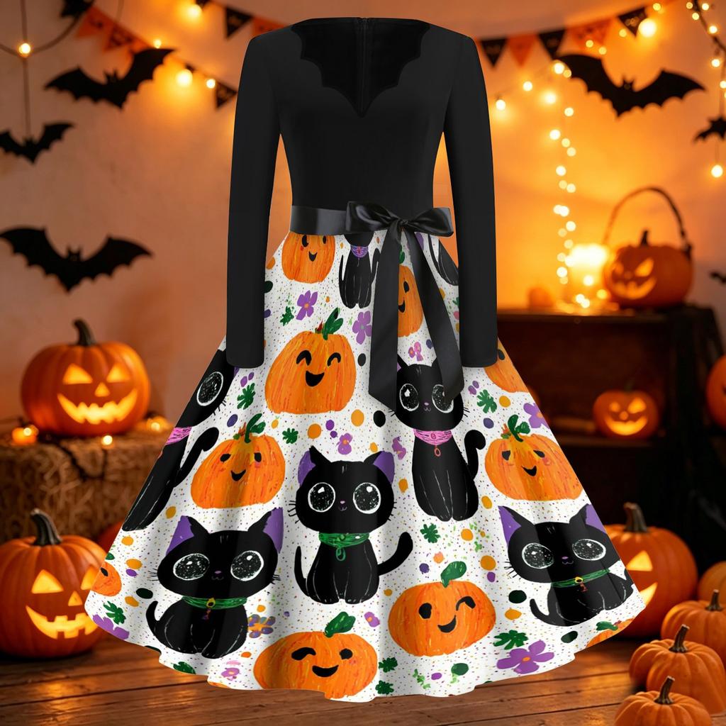 Womens Casual Halloween Print V Neck Vintage Dress Long Sleeve Fit Flare Midi Dress with Waist Tie Retro Style