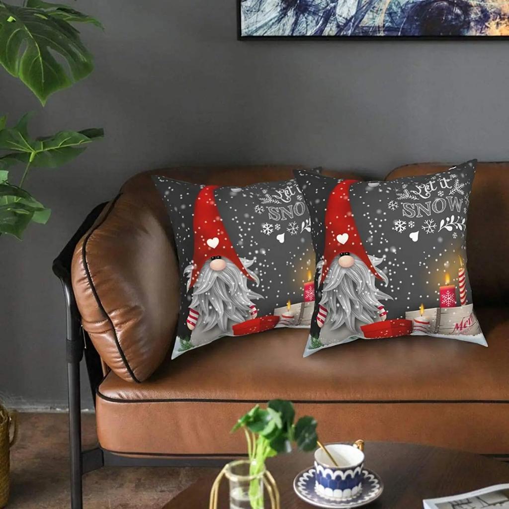 Christmas Throw Cushion Covers 18X18 Inch Merry Christmas Gnome Xmas Gifts Winter Snowflakes Decorative Pillow Covers Set Of 2
