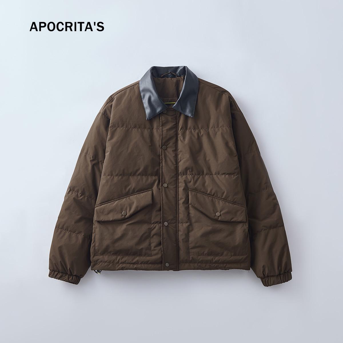 APO Menswear | Мужская зимняя куртка из ПУ с лацканами - Белый утиный пух, Теплая, Свободный дизайн в стиле пэчворк Medium