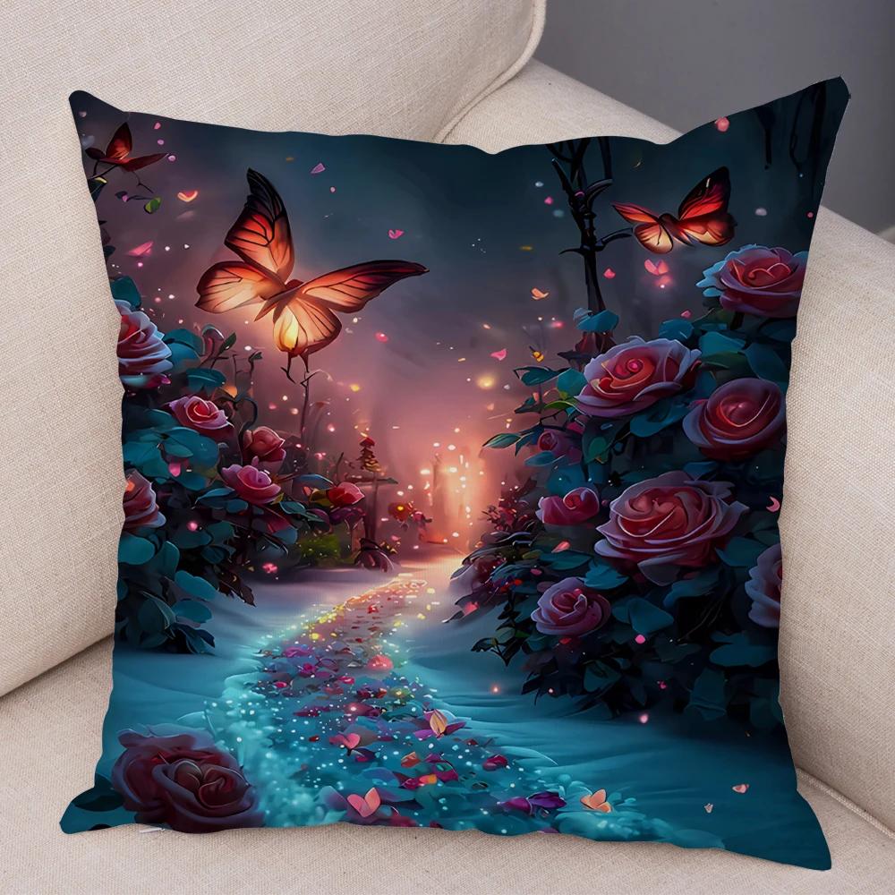 Tecknad Blomma Fjäril Djur Kuddfodral Dekor Blomma Kuddfodral för Soffa Hem Bil Fantasi Skog Mjuk Plysch Kuddfodral