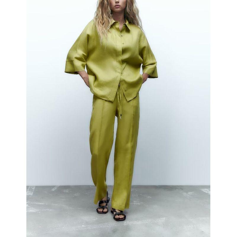 Summer New Polo Collar Stretch High Waist Pants Linen