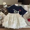 Korean Summer 2025 Girls' Letter T-Shirt & White Lace Skirt Set