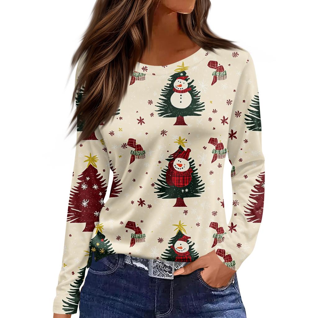 Damska Moda Casual Rozcięcie na Dole Okrągły Dekolt Długi Rękaw Luźna Koszulka z Nadrukiem Świątecznym Damski Top