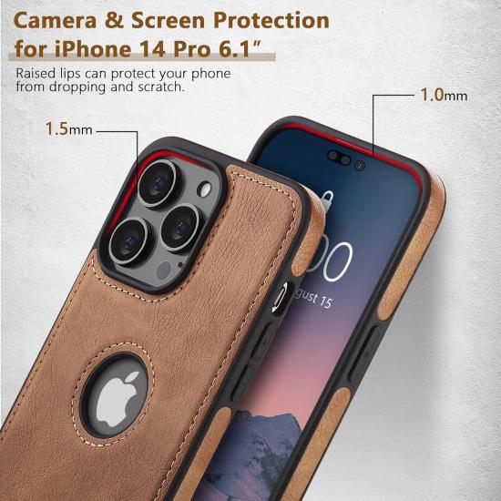Unique Design Luxury Leather Business Phone Case for iPhone 14 Pro Anti-Slip Scratch Resistant Ultra Slim Protective Case (2022,6.1”) (Brown)