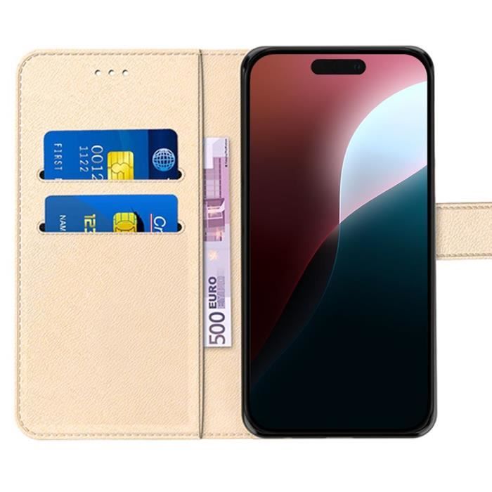 Coque pour iPhone 16 Plus, Anti-Rayures Porte-Carte Protection 360 Degré Cuir PU Doré