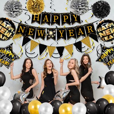 New Year'S Day Theme Party Decorations New Year'S Eve Party Arrangement Black Gold Flag Balloon Paper Flower Ball Set