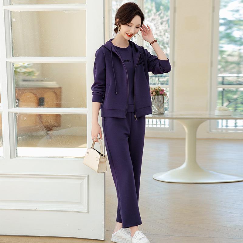 Mom s Stylish Spring & Autumn Hooded Sportswear Set: Three-Piece Casual Wear for Middle-Aged & Elderly Women L фиолетовый
