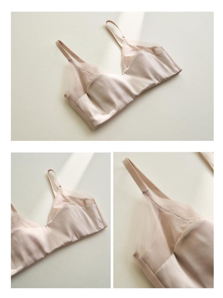 Reggiseno a Coppa con Orecchie di Coniglio, Intreccio in Rete di Raso di Seta - Senza Ferretto, Traspirante, Lingerie in Seta di Gelso Francese per Donna