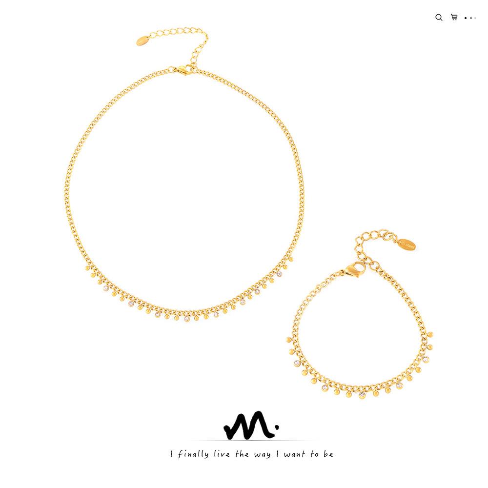 18K Gold-Plated Titanium Steel Necklace & Bracelet Set with Round Bead Spacer & Diamond Tassel