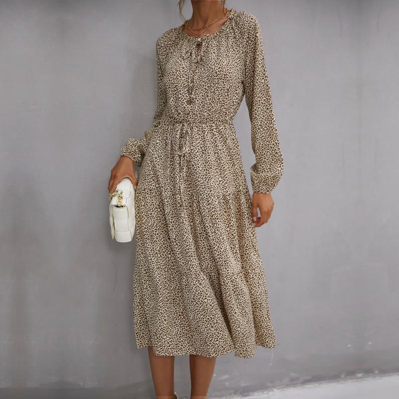 

YYFS женская мода лето весна леопардовый принт с длинным рукавом и круглым вырезом повседневные платья XL хаки