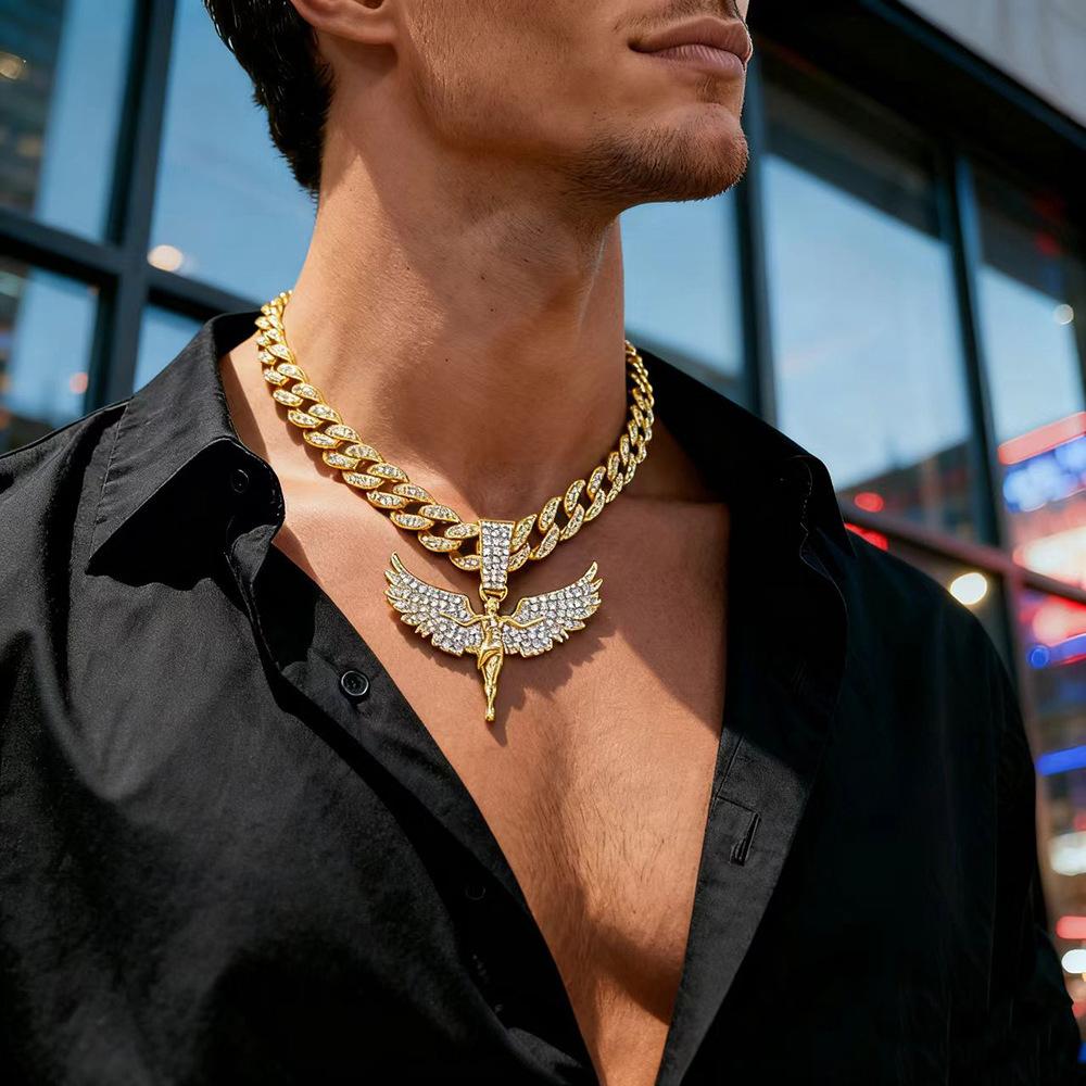 Voll besetzter Diamant Engelsgöttin Legierung Anhänger für Männer und Frauen, Trendy, Personalisiert, Modischer Hip Hop, U-förmige Cubanische Halskette