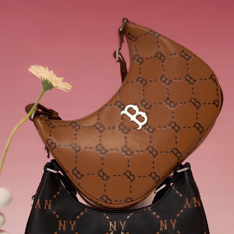 New MLB Monogram Collection Polyester Half Moon Bag Mahjong Pochette Shoulder Bag Large Size Unisex Brown 3ABQL012N-43BRS