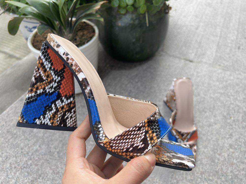 

Independent Station New Large Size High Heel Sandals Snake Pattern Square Head Triangle Heel Sleeve European and American Sexy Fashion Women s Shoes H 43