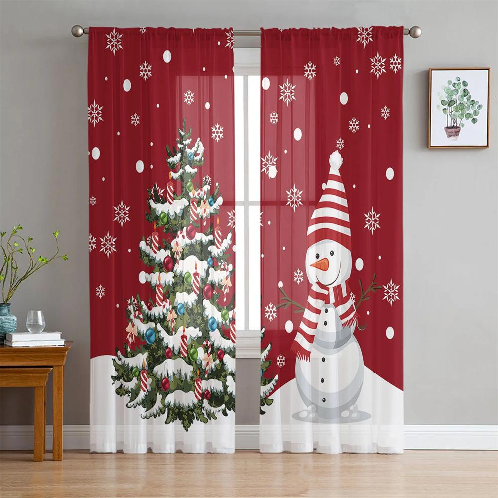Cute Christmas Snowman Snow Scene Tulle Curtains Blinds for Living Room Bedroom Decoration Chiffon Sheer Voile Window Curtain2Pc