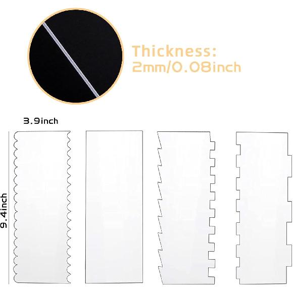 4 Pcs Cake Scraper Set Acrylic Cake Decorating Supplies Large Transparent Cake Smoother for Icing Perfect for Butter Cream Frosting with 7 Different